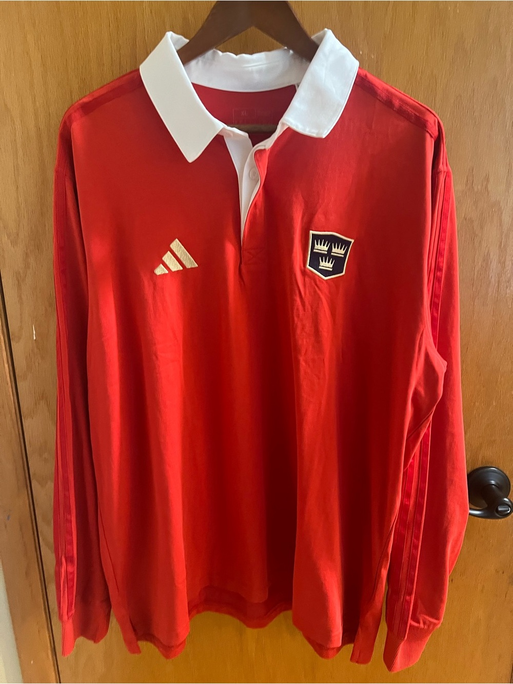 adidas Red Long-Sleeve Rugby Shirt with White Collar Munster Crest